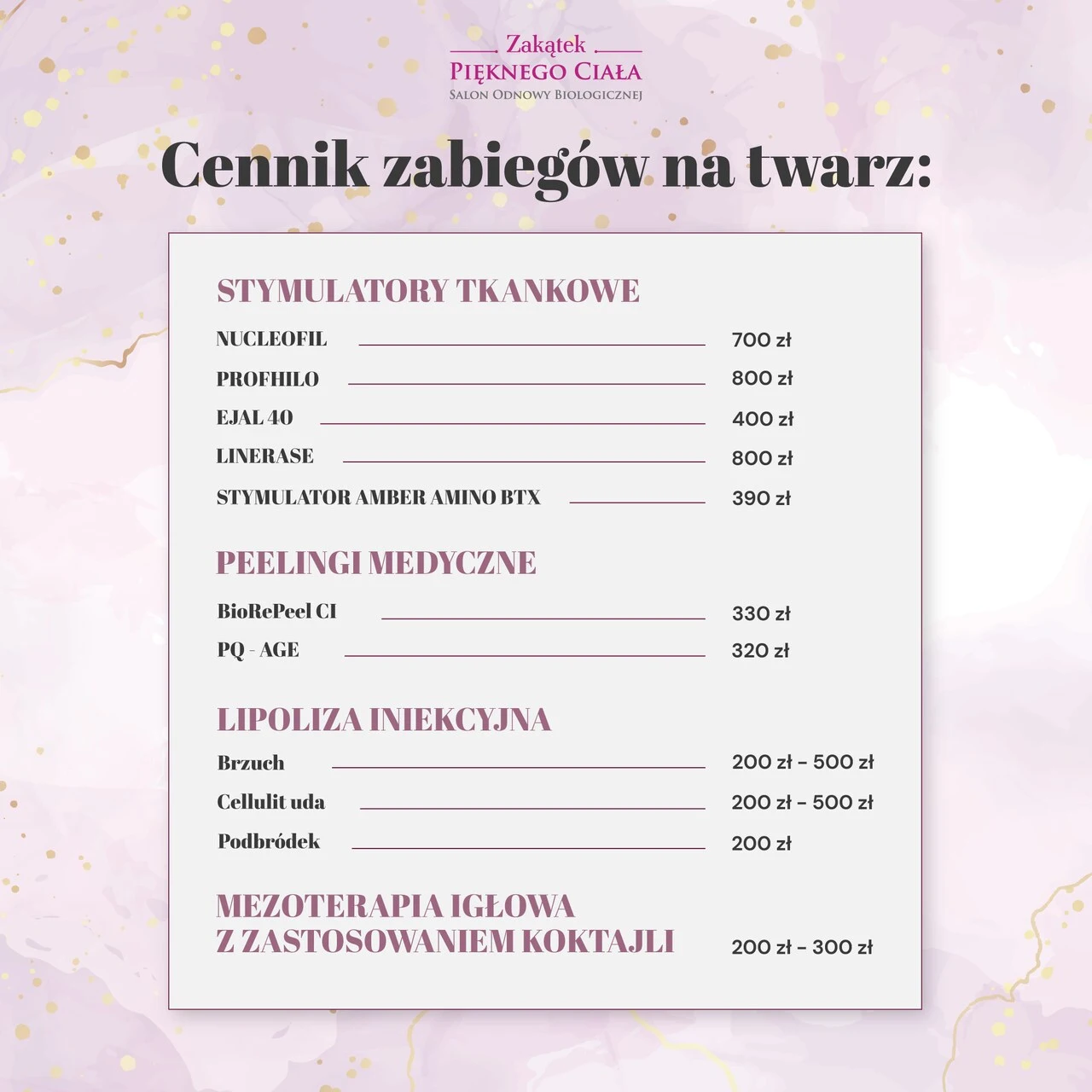 Cennik zabiegów na twarz